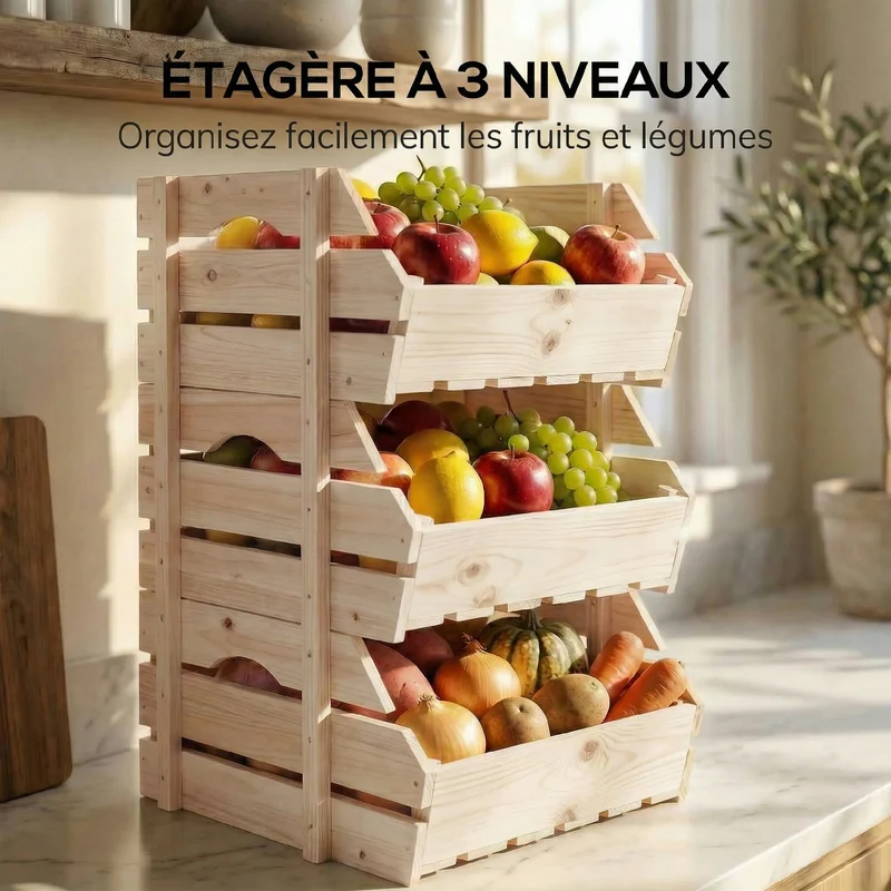 Support de corbeille à fruits empilable cuisine 27 x 37,5 x 60 cm compact rangement vertical rustique en bois naturel 21_0005764