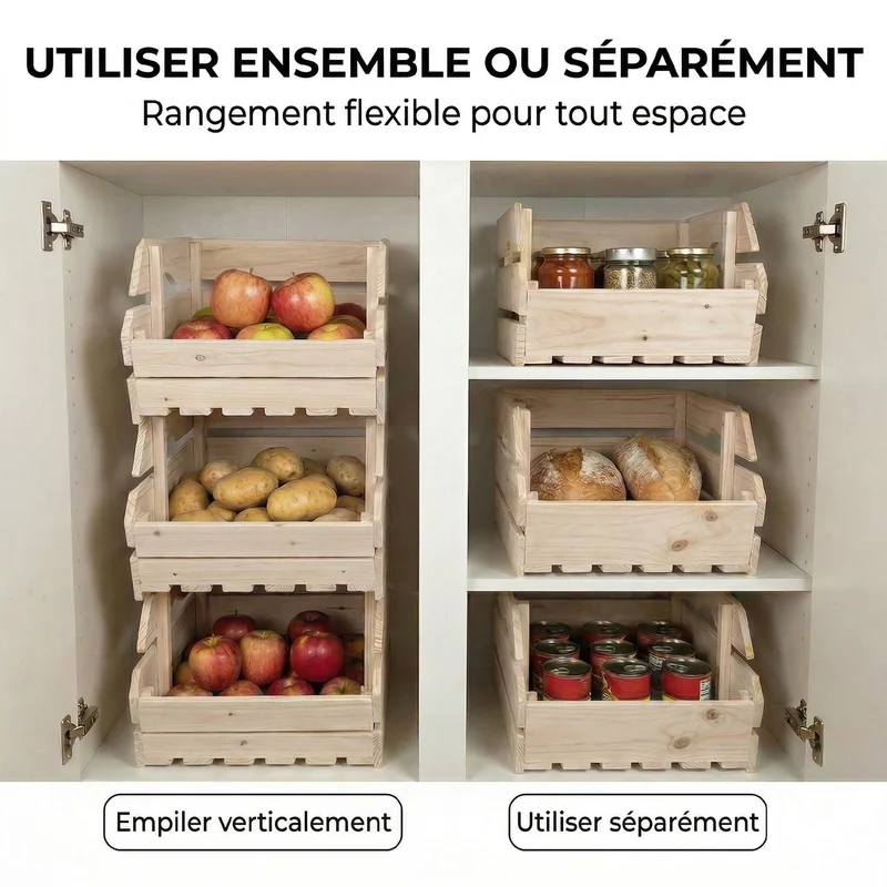 Support de corbeille à fruits empilable cuisine 27 x 37,5 x 60 cm compact rangement vertical rustique en bois naturel 21_0005764