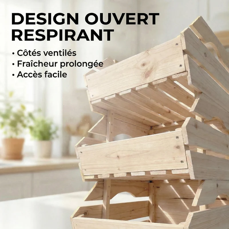 Support de corbeille à fruits empilable cuisine 27 x 37,5 x 60 cm compact rangement vertical rustique en bois naturel 21_0005764