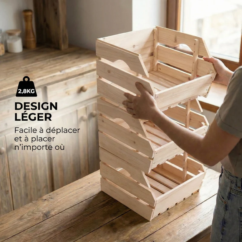 Support de corbeille à fruits empilable cuisine 27 x 37,5 x 60 cm compact rangement vertical rustique en bois naturel 21_0005764