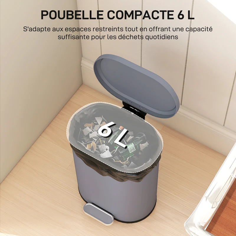 Poubelle de cuisine à pédale 24.5 x 21.5 x 29.5 cm seau intérieur amovible fermeture douce style moderne en métal gris 21_0005940