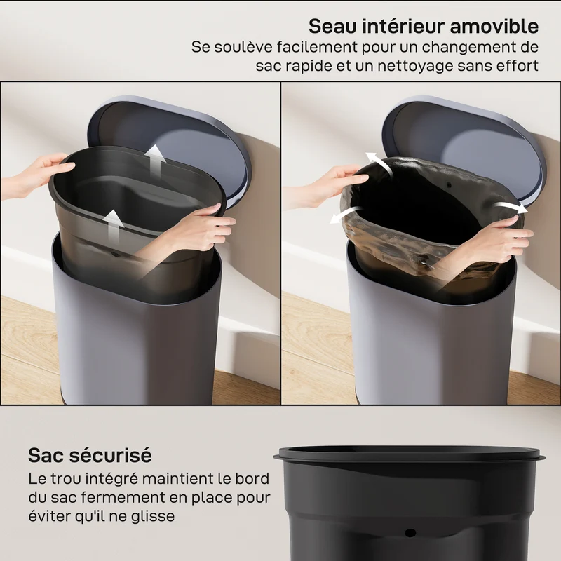 Poubelle de cuisine à pédale 24.5 x 21.5 x 29.5 cm seau intérieur amovible fermeture douce style moderne en métal gris 21_0005940