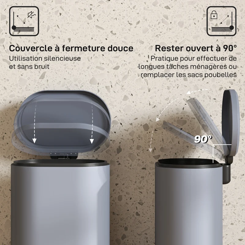 Poubelle de cuisine à pédale 24.5 x 21.5 x 29.5 cm seau intérieur amovible fermeture douce style moderne en métal gris 21_0005940