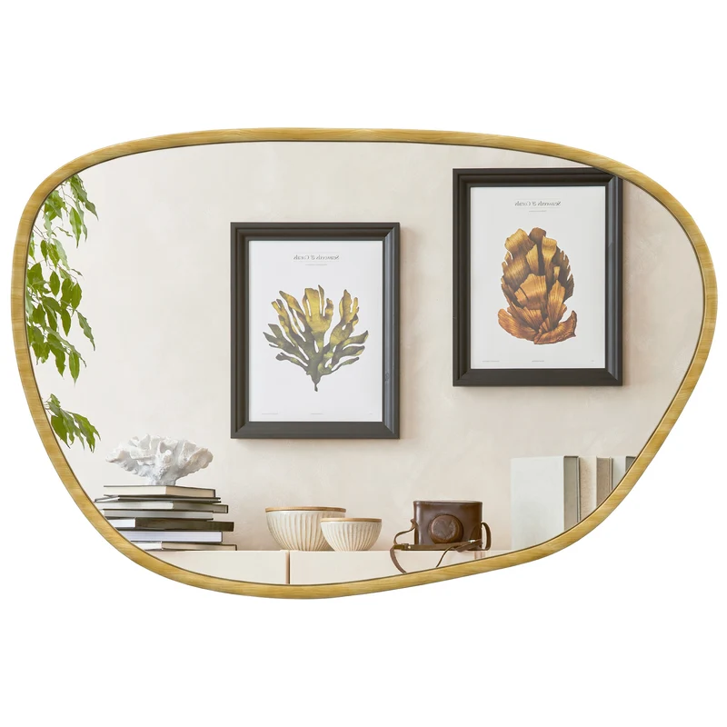Miroir mural asymétrique 60 x 90 x 2,5 cm reflet net résistant à l'humidité scandinave en verre trempé bois naturel 21_0003727