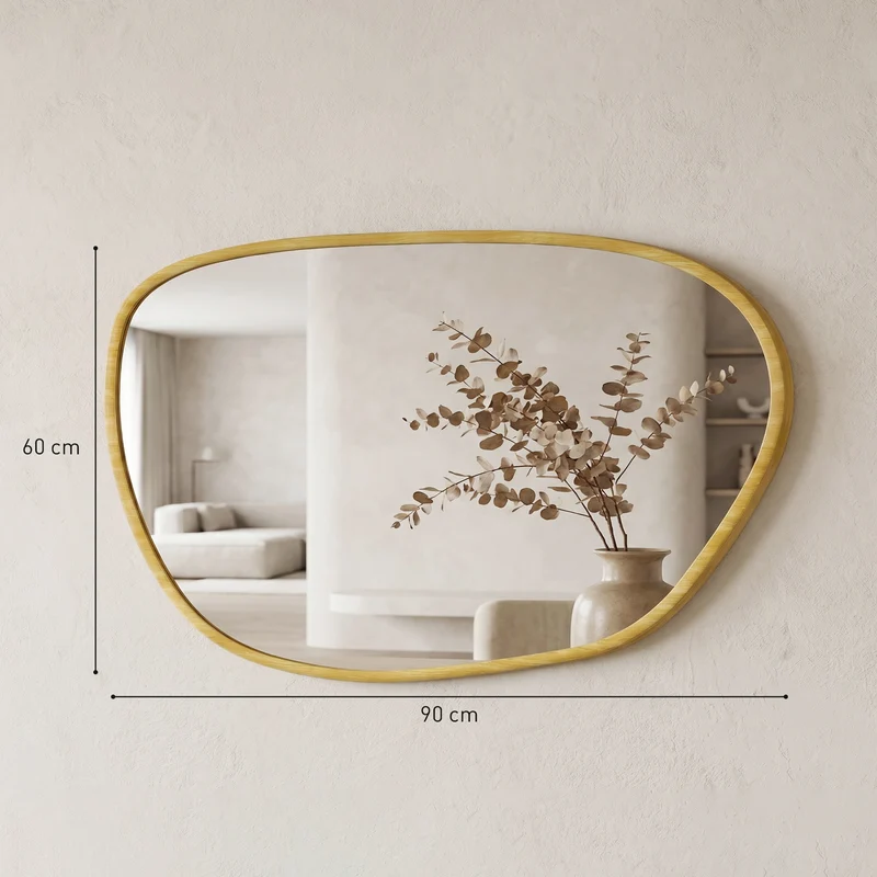 Miroir mural asymétrique 60 x 90 x 2,5 cm reflet net résistant à l'humidité scandinave en verre trempé bois naturel 21_0003727
