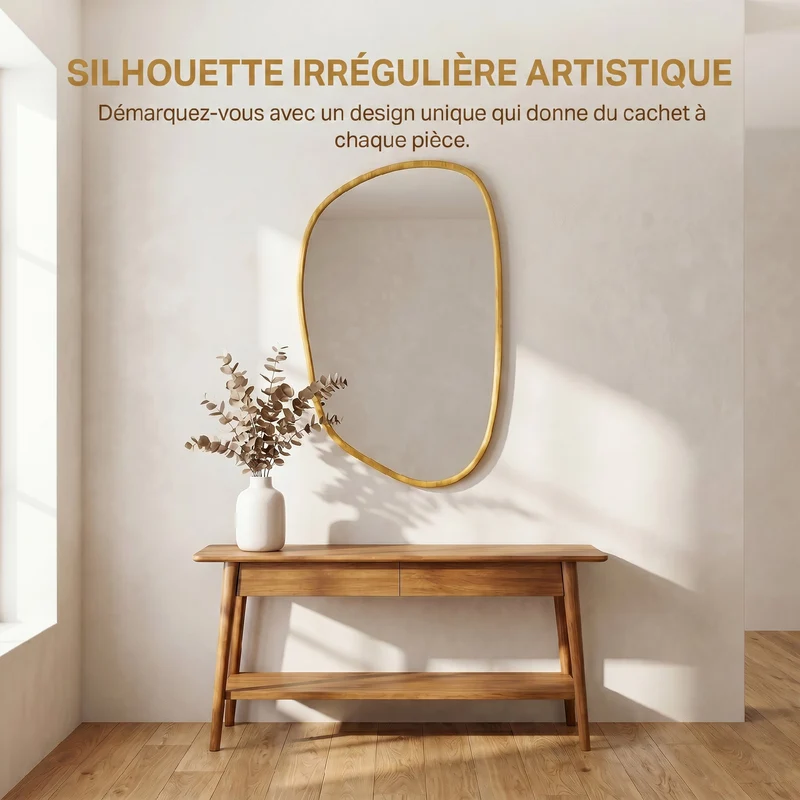 Miroir mural asymétrique 60 x 90 x 2,5 cm reflet net résistant à l'humidité scandinave en verre trempé bois naturel 21_0003727