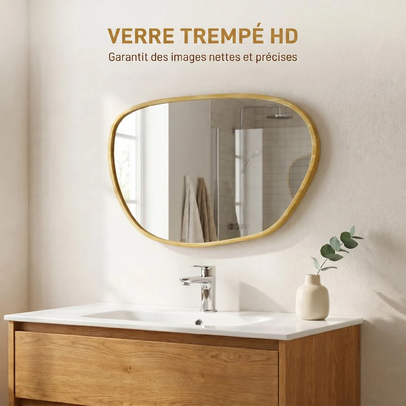 Miroir mural asymétrique 60 x 90 x 2,5 cm reflet net résistant à l'humidité scandinave en verre trempé bois naturel 21_0003727