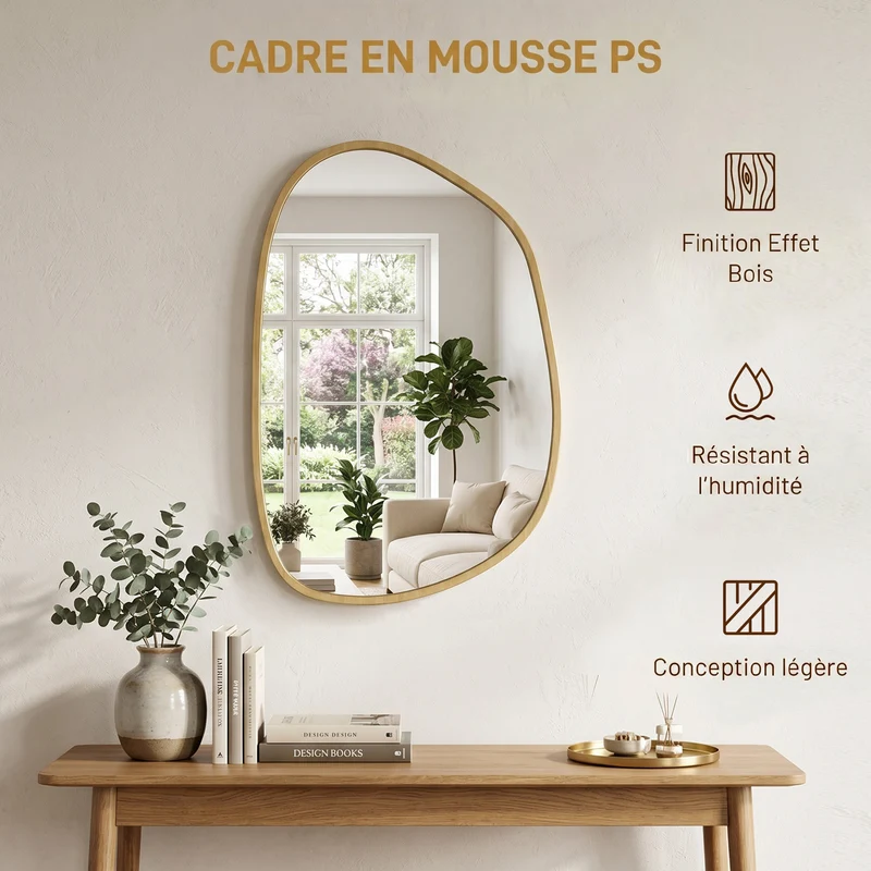 Miroir mural asymétrique 60 x 90 x 2,5 cm reflet net résistant à l'humidité scandinave en verre trempé bois naturel 21_0003727