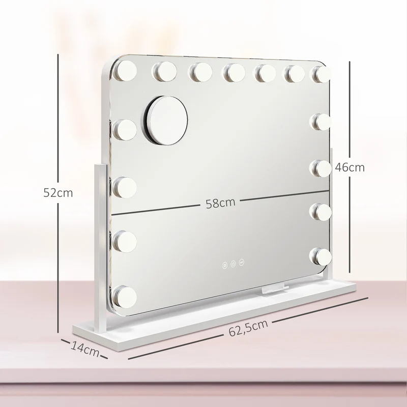 Miroir maquillage lumineux coiffeuse 62,5 x 14 x 49,5 cm intensité réglable grossissant 10x moderne épuré en verre blanc 21_0000786