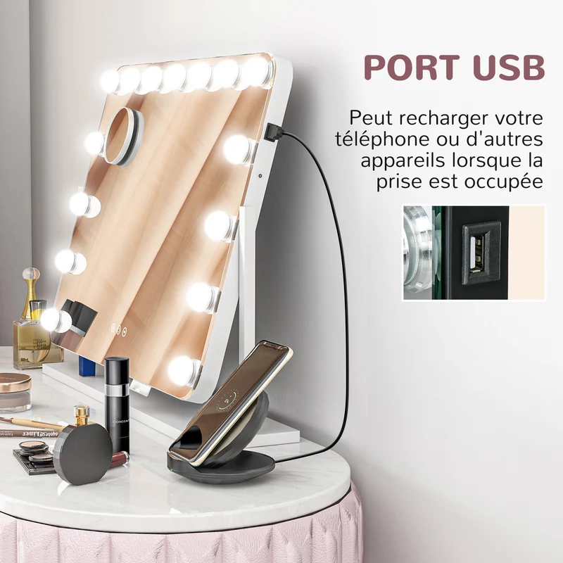 Miroir maquillage lumineux coiffeuse 62,5 x 14 x 49,5 cm intensité réglable grossissant 10x moderne épuré en verre blanc 21_0000786