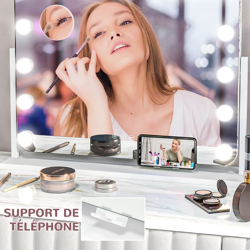 Miroir maquillage lumineux coiffeuse 62,5 x 14 x 49,5 cm intensité réglable grossissant 10x moderne épuré en verre blanc 21_0000786