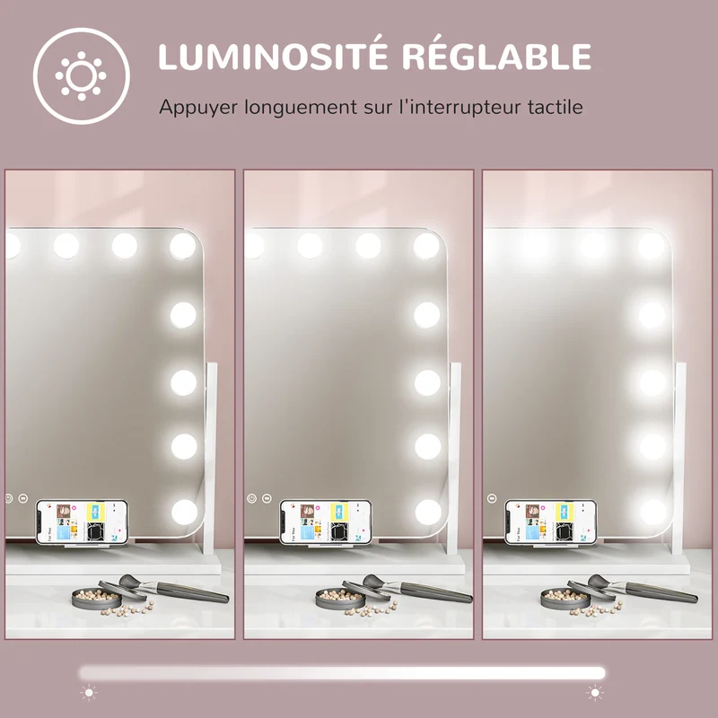 Miroir maquillage lumineux coiffeuse 62,5 x 14 x 49,5 cm intensité réglable grossissant 10x moderne épuré en verre blanc 21_0000786
