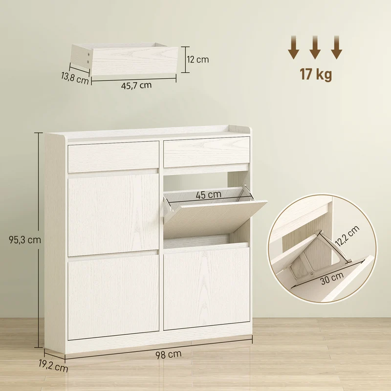 Meuble à chaussures entrée 98 x 19.2 x 95.3 cm rangement 8 paires 2 tiroirs coulissants design épuré stable en MDF blanc 21_0002749