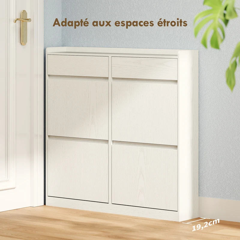 Meuble à chaussures entrée 98 x 19.2 x 95.3 cm rangement 8 paires 2 tiroirs coulissants design épuré stable en MDF blanc 21_0002749