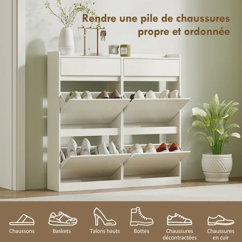 Meuble à chaussures entrée 98 x 19.2 x 95.3 cm rangement 8 paires 2 tiroirs coulissants design épuré stable en MDF blanc 21_0002749