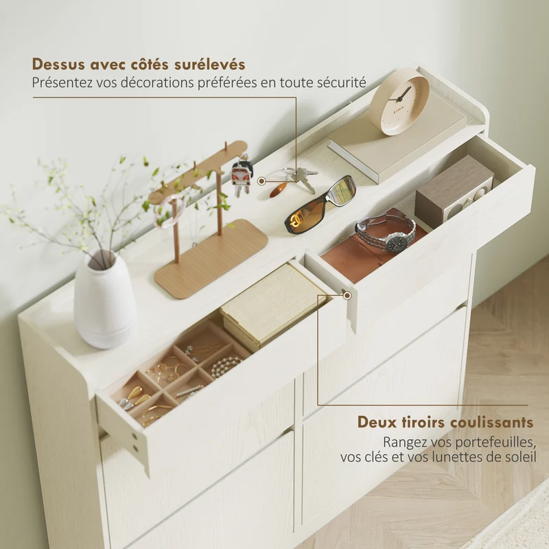 Meuble à chaussures entrée 98 x 19.2 x 95.3 cm rangement 8 paires 2 tiroirs coulissants design épuré stable en MDF blanc 21_0002749