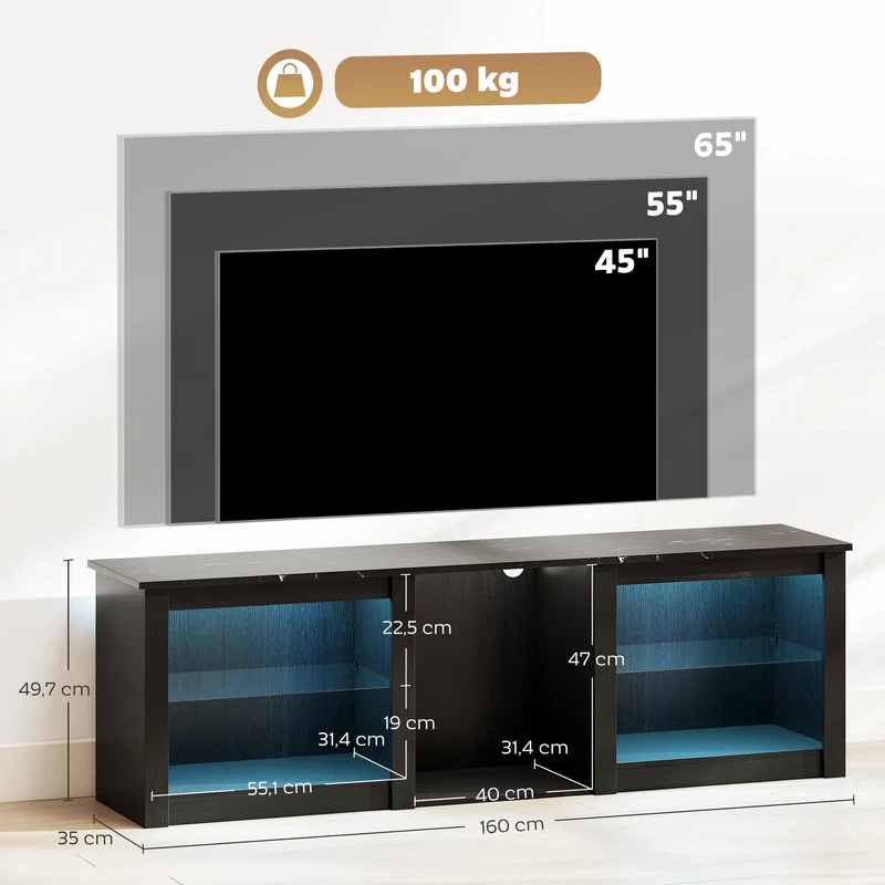 Meuble télévision salon 160 x 35 x 52 cm éclairage led intégré rangements réglables design en bois d'ingénierie noir 21_0003441