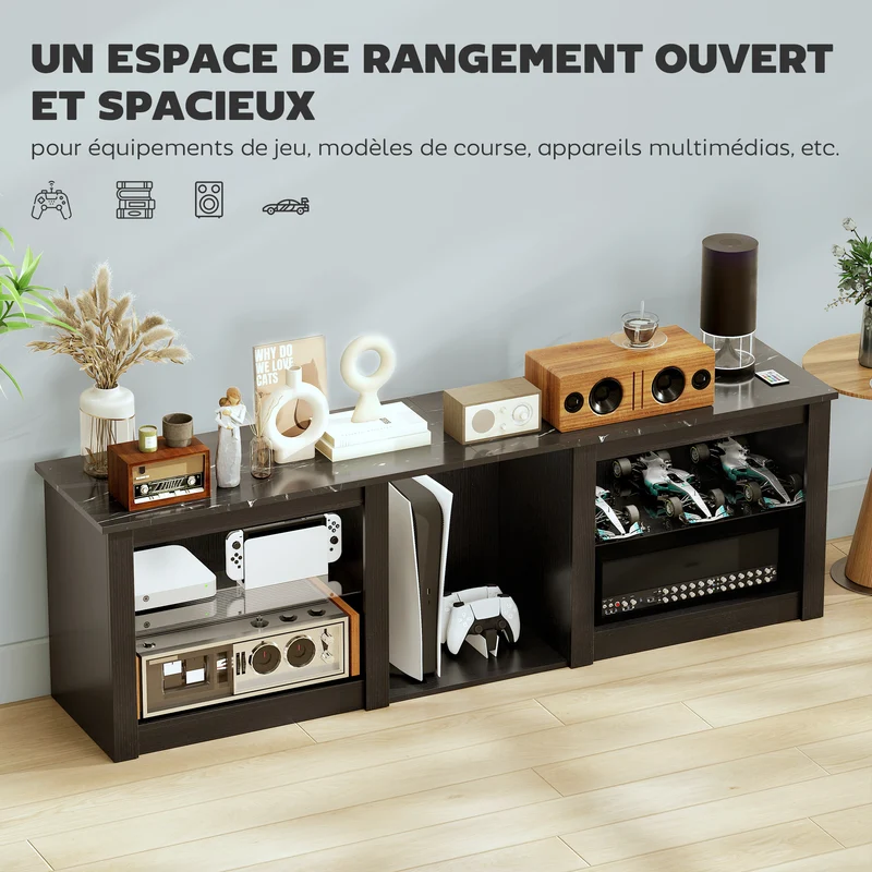 Meuble télévision salon 160 x 35 x 52 cm éclairage led intégré rangements réglables design en bois d'ingénierie noir 21_0003441