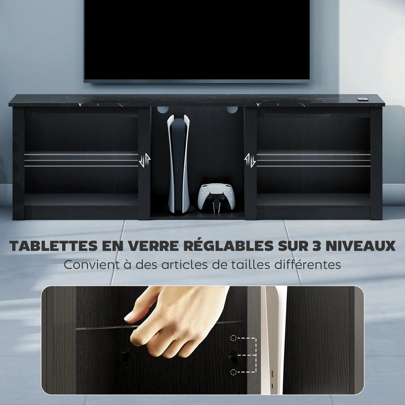 Meuble télévision salon 160 x 35 x 52 cm éclairage led intégré rangements réglables design en bois d'ingénierie noir 21_0003441