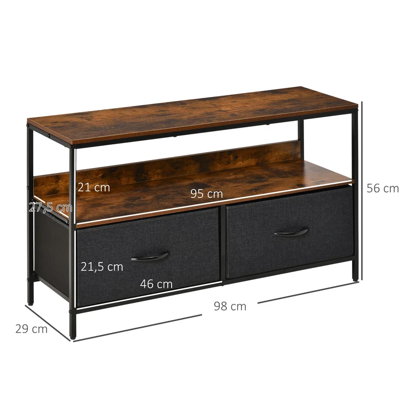 Meuble tv sur pieds salon 98 x 29 x 56 cm rangement pratique 2 tiroirs et étagère style industriel rustique en MDF brun 21_0003021