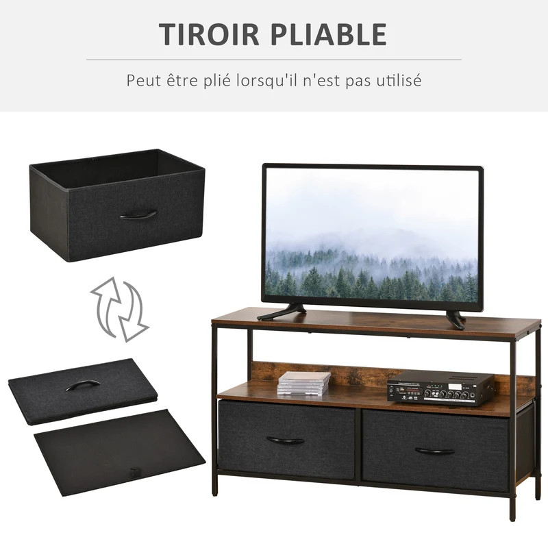 Meuble tv sur pieds salon 98 x 29 x 56 cm rangement pratique 2 tiroirs et étagère style industriel rustique en MDF brun 21_0003021