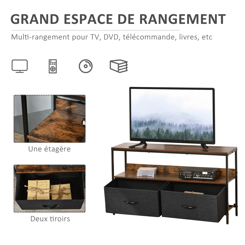 Meuble tv sur pieds salon 98 x 29 x 56 cm rangement pratique 2 tiroirs et étagère style industriel rustique en MDF brun 21_0003021