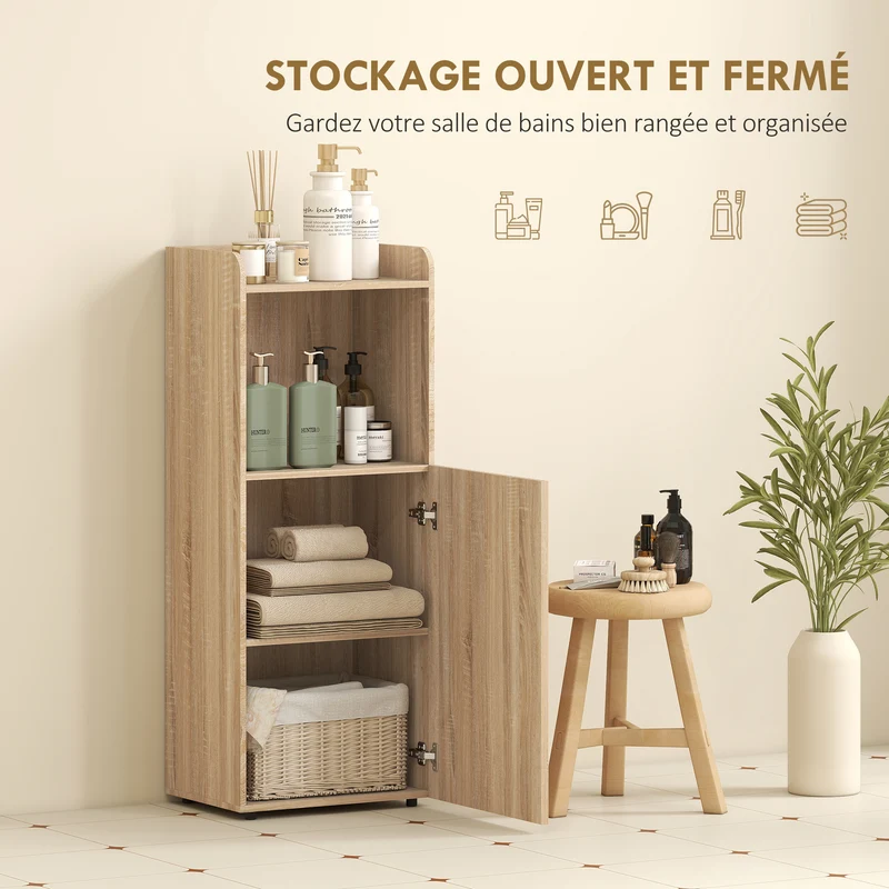 Meuble de salle de bain étroit vertical 40 x 31 x 104 cm gain de place étagère réglable scandinave en MDF chêne jaune 21_0002122