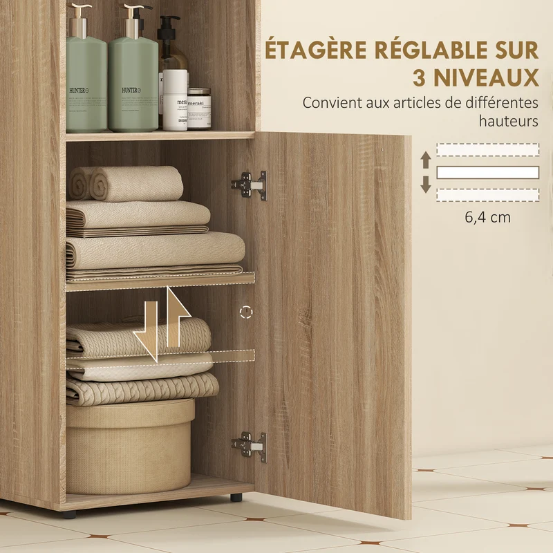Meuble de salle de bain étroit vertical 40 x 31 x 104 cm gain de place étagère réglable scandinave en MDF chêne jaune 21_0002122
