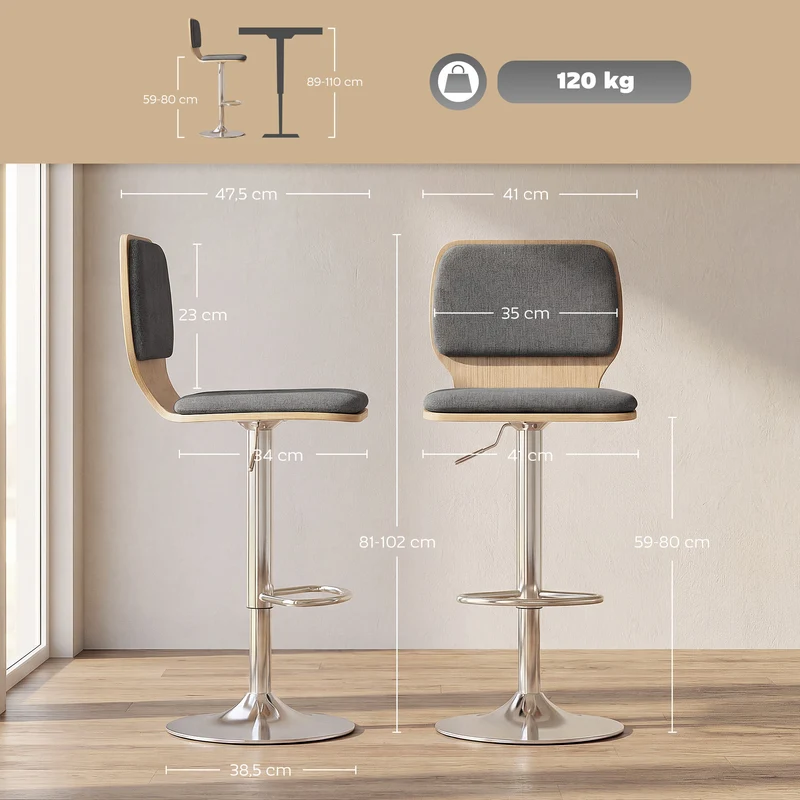 Lot de 2 tabourets de bar 41 x 48 x 81-102 cm réglables en hauteur pivotants 360° contemporain épuré en polyester gris 21_0003371