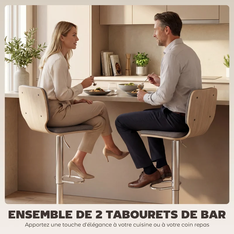 Lot de 2 tabourets de bar 41 x 48 x 81-102 cm réglables en hauteur pivotants 360° contemporain épuré en polyester gris 21_0003371