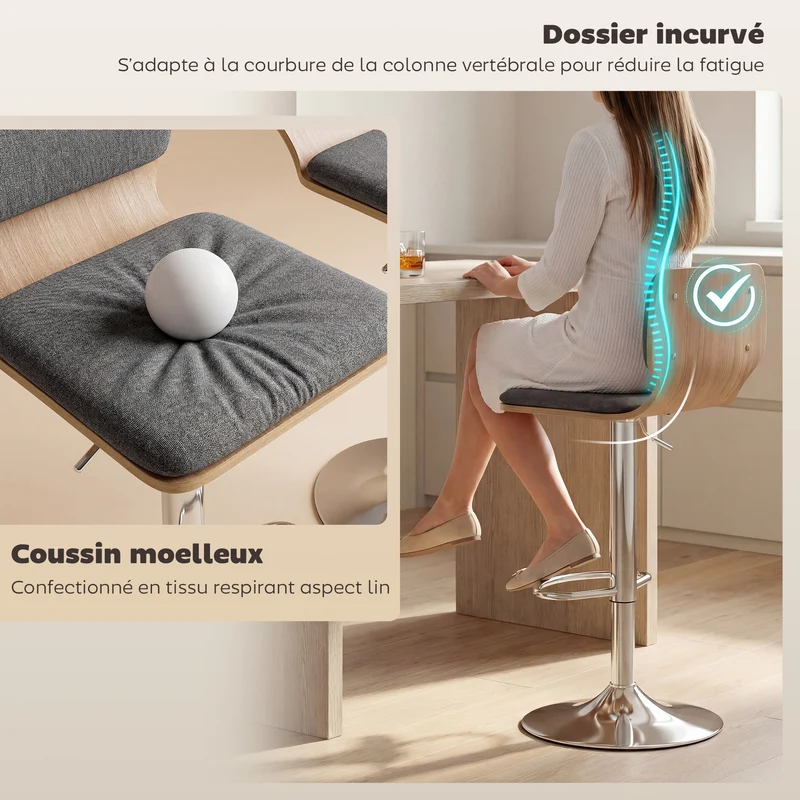 Lot de 2 tabourets de bar 41 x 48 x 81-102 cm réglables en hauteur pivotants 360° contemporain épuré en polyester gris 21_0003371
