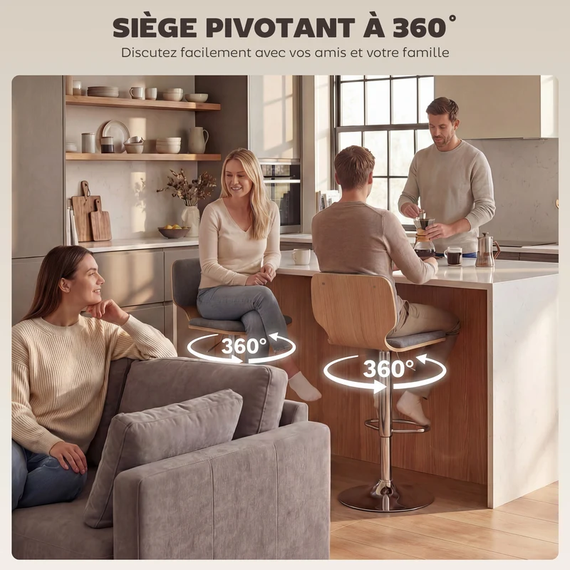 Lot de 2 tabourets de bar 41 x 48 x 81-102 cm réglables en hauteur pivotants 360° contemporain épuré en polyester gris 21_0003371