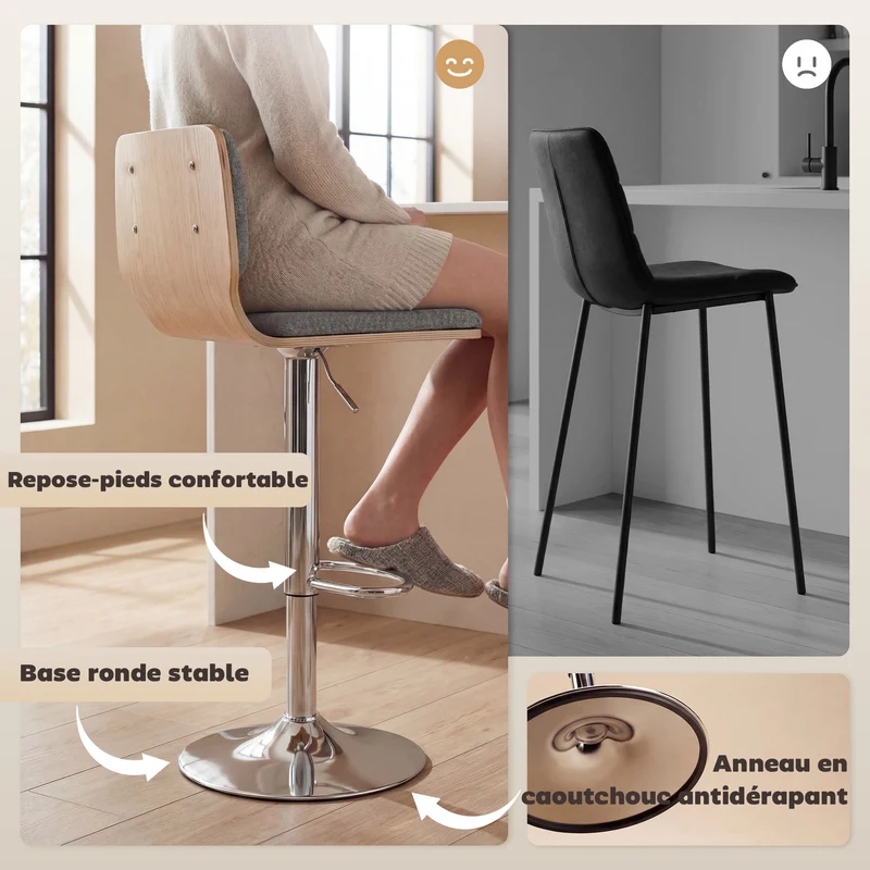 Lot de 2 tabourets de bar 41 x 48 x 81-102 cm réglables en hauteur pivotants 360° contemporain épuré en polyester gris 21_0003371
