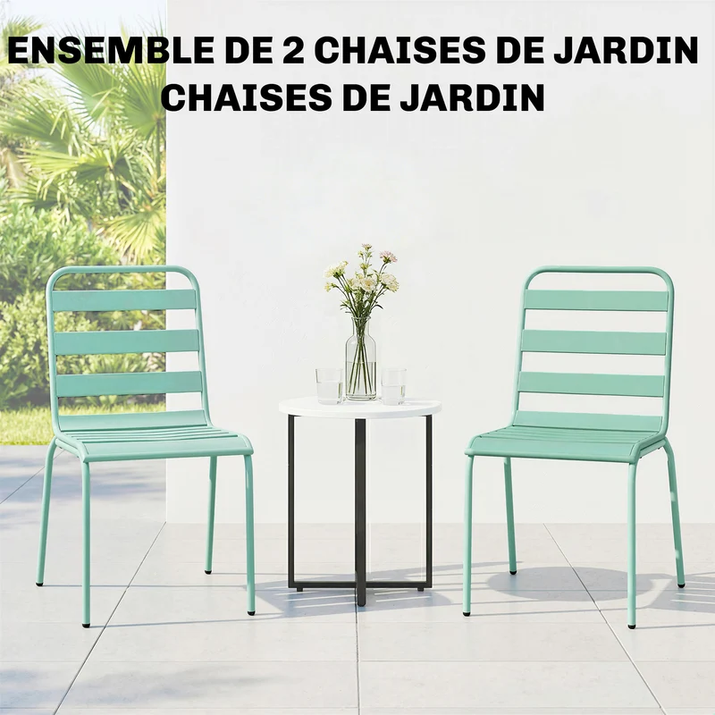 Lot de 2 chaises empilables jardin terrasse 46 x 58 x 78 cm stabilité patins réglables design contemporain en acier vert 21_0005769