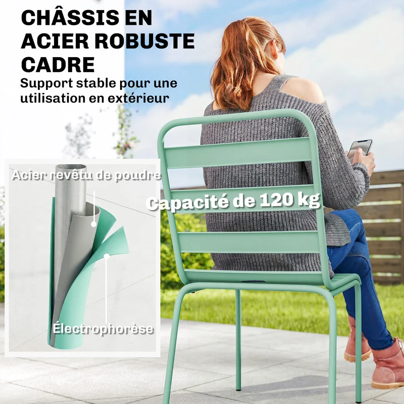 Lot de 2 chaises empilables jardin terrasse 46 x 58 x 78 cm stabilité patins réglables design contemporain en acier vert 21_0005769