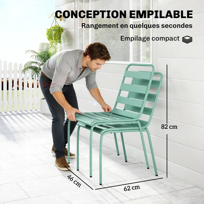 Lot de 2 chaises empilables jardin terrasse 46 x 58 x 78 cm stabilité patins réglables design contemporain en acier vert 21_0005769