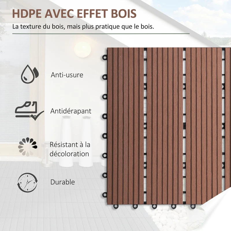 Lot de 11 dalles de jardin clipsables 30 x 30 x 2,2 cm antidérapantes pose facile style moderne en hdpe marron clair 21_0003934