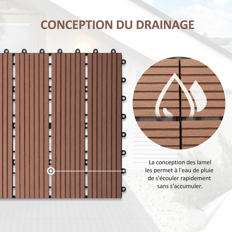 Lot de 11 dalles de jardin clipsables 30 x 30 x 2,2 cm antidérapantes pose facile style moderne en hdpe marron clair 21_0003934