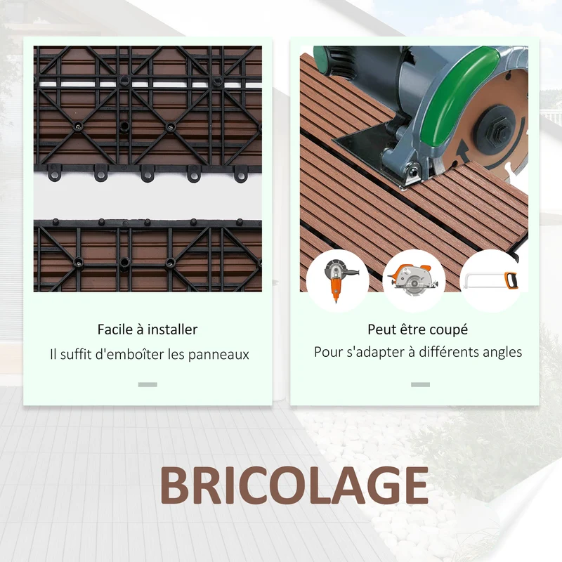 Lot de 11 dalles de jardin clipsables 30 x 30 x 2,2 cm antidérapantes pose facile style moderne en hdpe marron clair 21_0003934