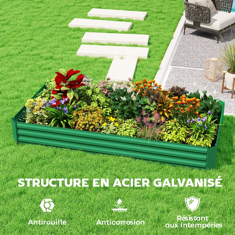 Jardinière rectangulaire 240 x 120 x 30 cm capacité 835 l fond ouvert industriel contemporain en acier galvanisé vert 21_0005524