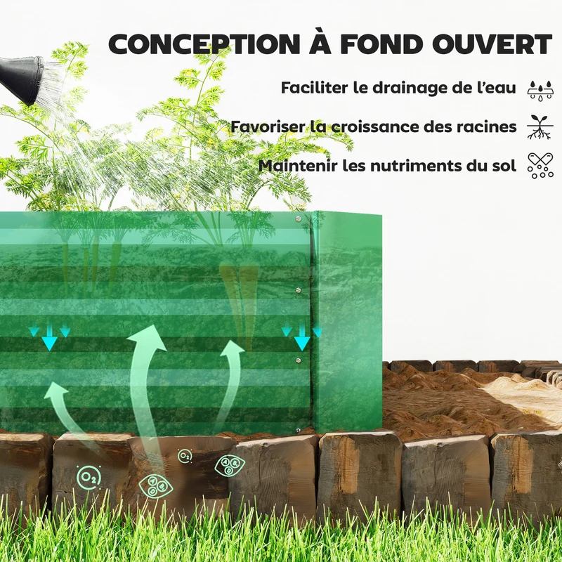 Jardinière rectangulaire 240 x 120 x 30 cm capacité 835 l fond ouvert industriel contemporain en acier galvanisé vert 21_0005524