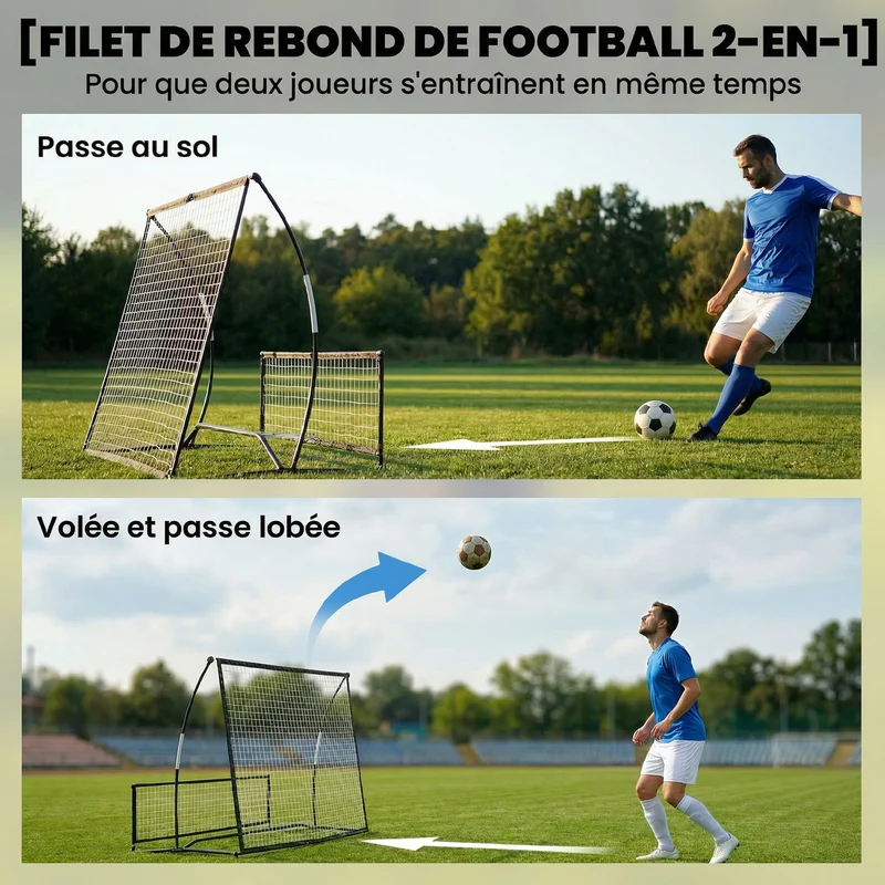 Filet de rebond football 200 x 94 x 122 cm double face stable entraînement intensif design sportif en polyester noir 21_0006635