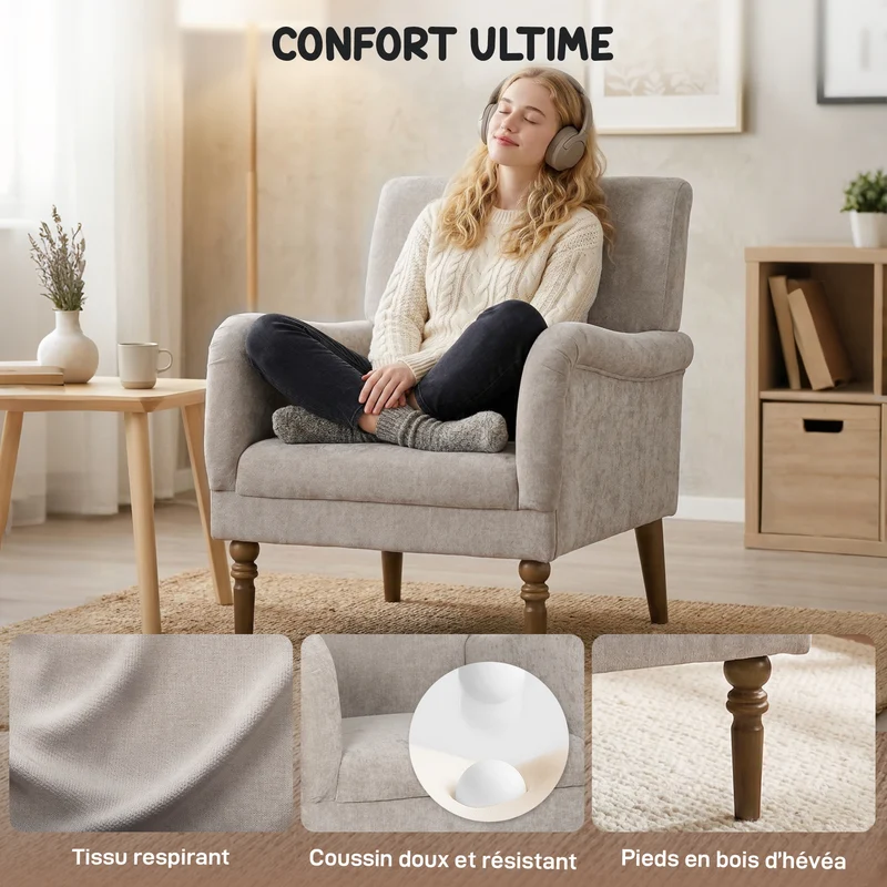 Fauteuil de salon 1 place 70 x 75 x 88 cm assise large rembourrée soutien ferme scandinave contemporain en tissu gris 21_0003650