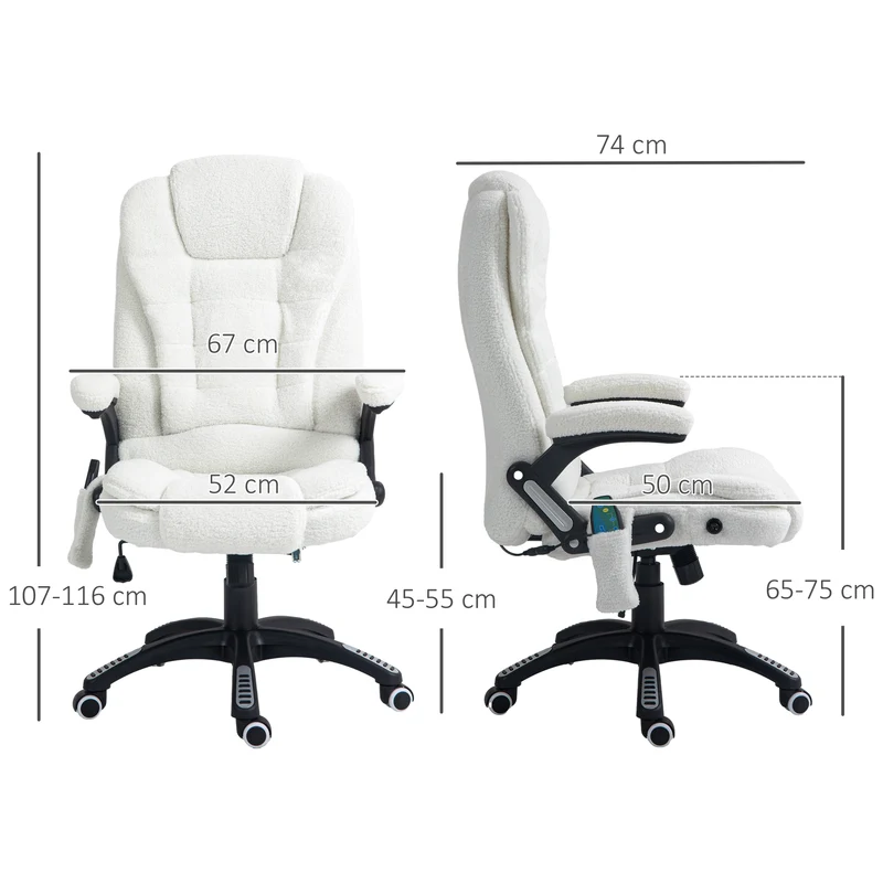 Fauteuil de bureau 67 x 74 x 107-116 cm massant chauffant inclinable pivotant 360° moderne épuré en polyester blanc 21_0006155