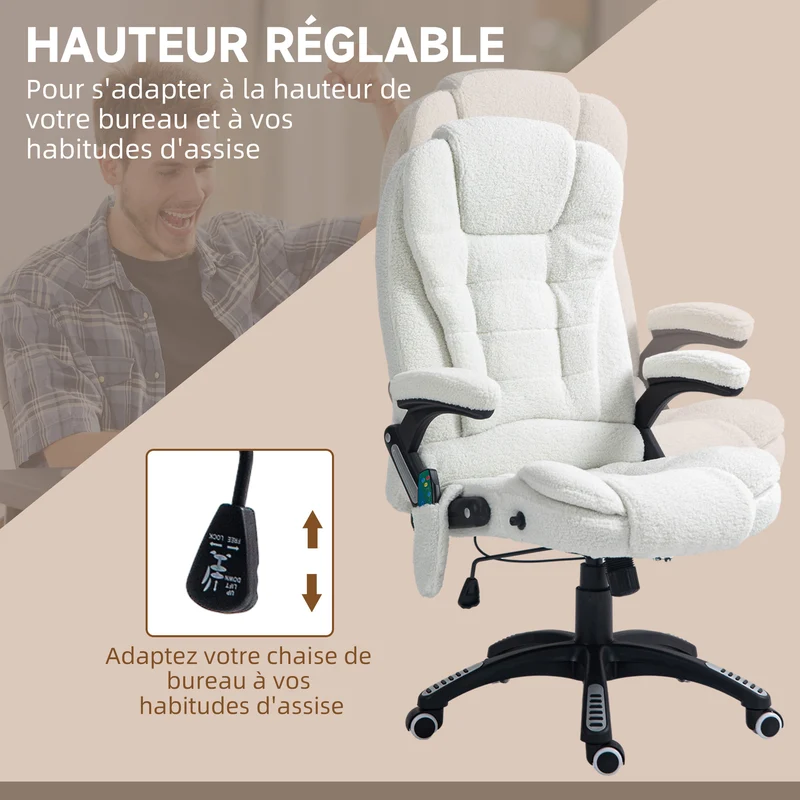 Fauteuil de bureau 67 x 74 x 107-116 cm massant chauffant inclinable pivotant 360° moderne épuré en polyester blanc 21_0006155