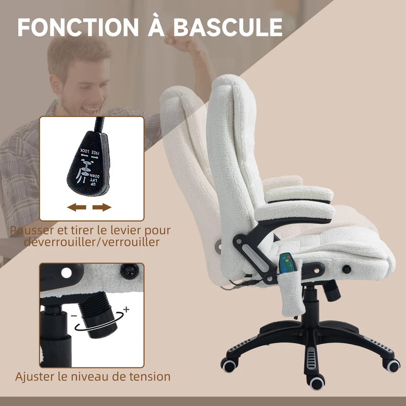 Fauteuil de bureau 67 x 74 x 107-116 cm massant chauffant inclinable pivotant 360° moderne épuré en polyester blanc 21_0006155