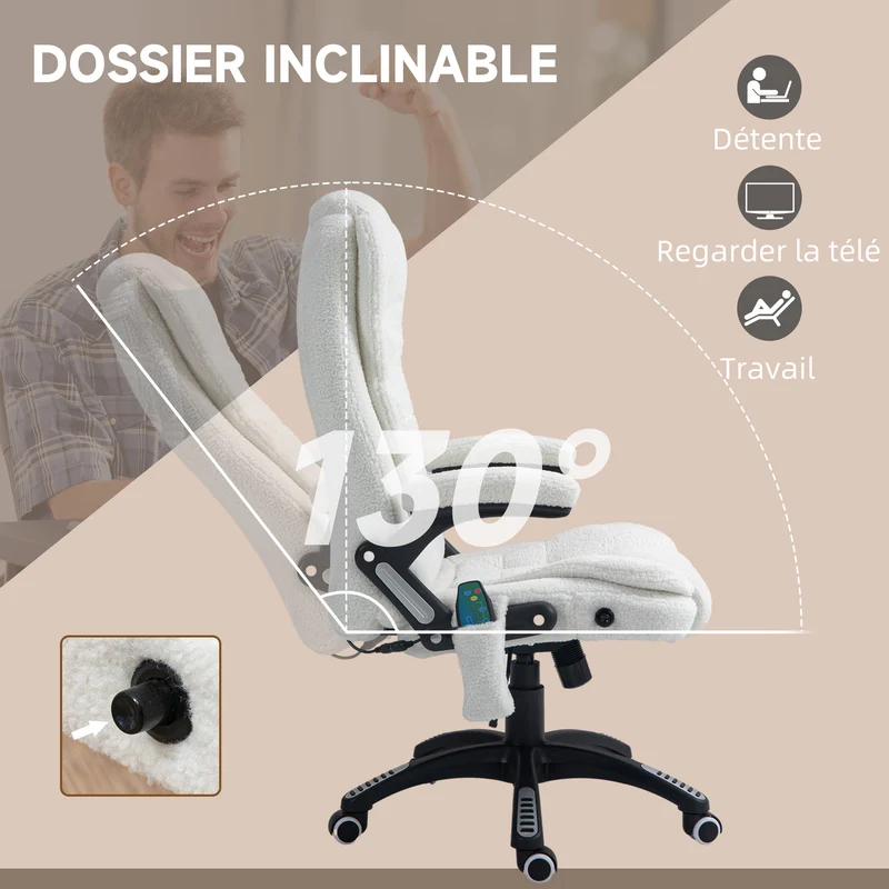 Fauteuil de bureau 67 x 74 x 107-116 cm massant chauffant inclinable pivotant 360° moderne épuré en polyester blanc 21_0006155