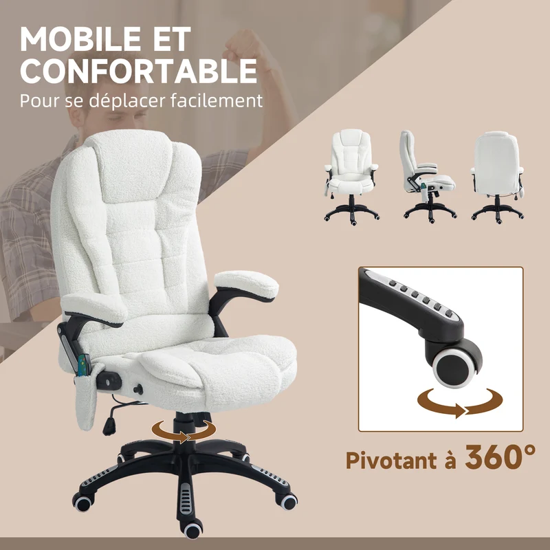 Fauteuil de bureau 67 x 74 x 107-116 cm massant chauffant inclinable pivotant 360° moderne épuré en polyester blanc 21_0006155