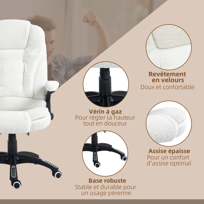 Fauteuil de bureau 67 x 74 x 107-116 cm massant chauffant inclinable pivotant 360° moderne épuré en polyester blanc 21_0006155