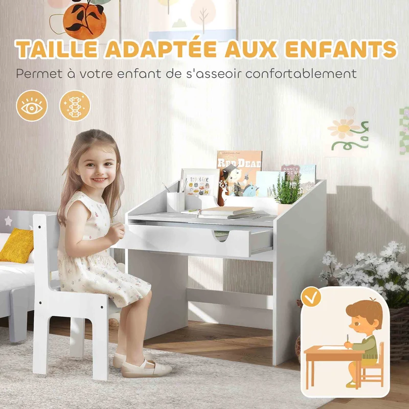 Ensemble bureau et chaise 69 x 50 x 75 cm tiroir coulissant assise ergonomique coins arrondis scandinave en MDF gris 21_0000218